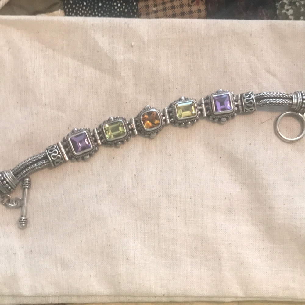 Stamped silver multi stone bracelet
